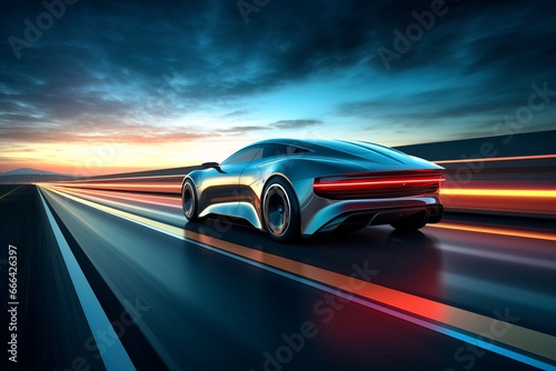 Electric Car on Motion on Neon Highway  Futuristic Electric Car