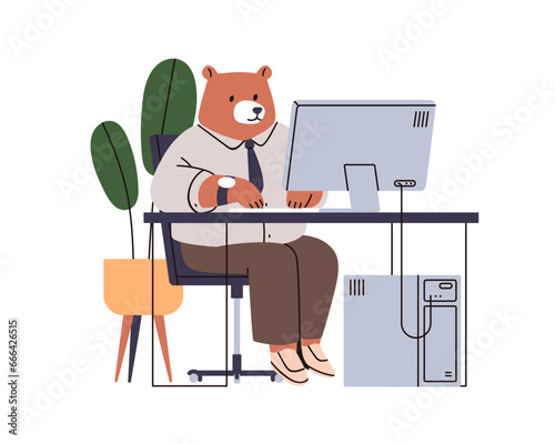 Business animal works at computer desk. Anthropomorphic bear, office worker sitting at table. Employee, executive manager at workplace, PC. Flat vector illustration isolated on white background
