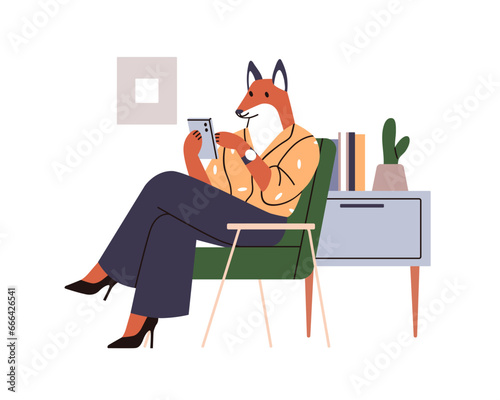 Anthropomorphic fox character with mobile phone. Business animal chatting onl...