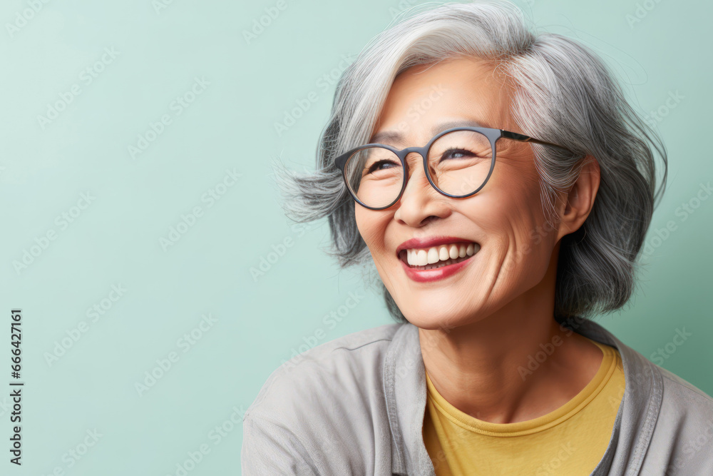 Cheerful smiling asian senior woman shoot portrait headshot on pastel background.