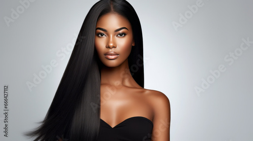 Portrait of young african woman with long straight hair. Hair care, make-up and hair health photo