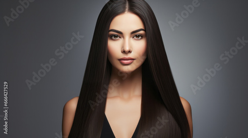 Portrait of young woman with long straight black hair. Hair care, make-up and hair health