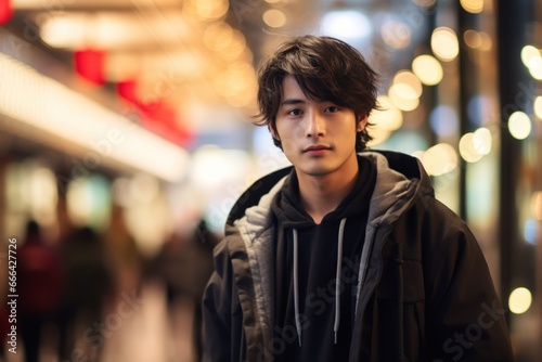 Young asian man wear street fashion in city background.