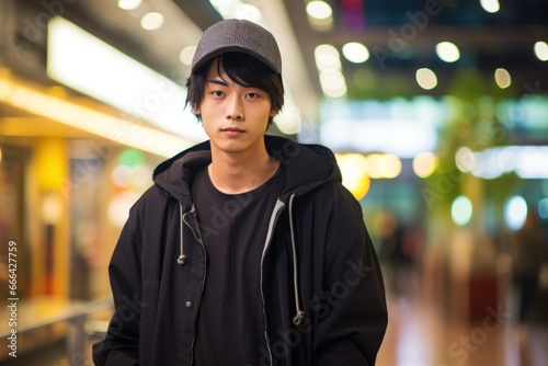 Young asian man wear street fashion in city background.