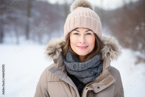 Portrait in the forest of a pleased 40 years old woman. Joyful woman in an outdoor winter scenery having fun. 