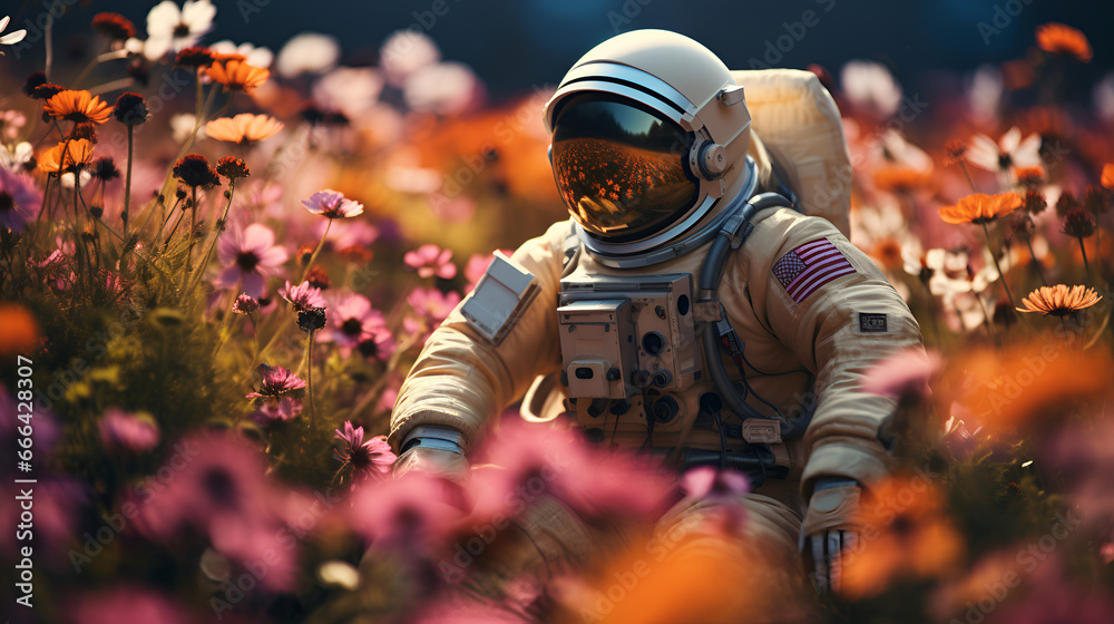 an astronaut in the middle of a field of flowers an astronaut in the middle of a field of flowers