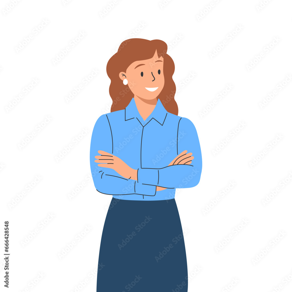 Happy young woman. Smiling secretary or businesswoman explaining and presenting smth. Colored flat vector illustration.