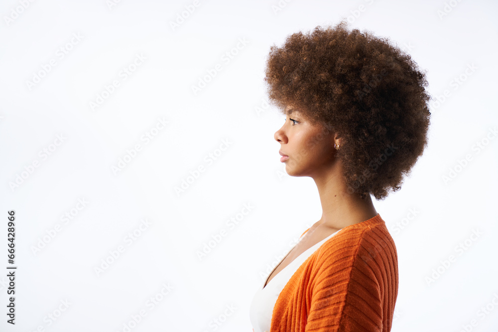portrait of young latina woman with afro hair side view isolated on white background - obrazy, fototapety, plakaty 