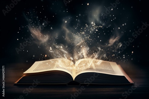 Image of book with imaginary word, rain, cloud, open pages, isolated on dark background, emitting magical sparks and smoke. Generative AI