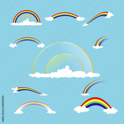 Colorful rainbow, golden rainbow with clouds. Collection of Rainbow vector illustrations