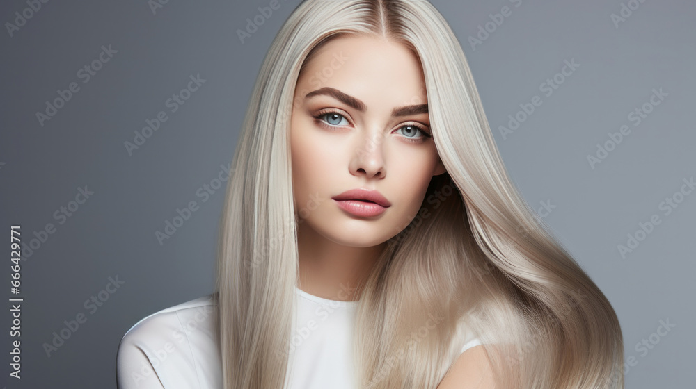 Fototapeta premium Portrait of young woman with long straight blonde hair. Hair care, make-up and hair health