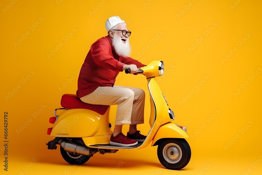 happy mature man riding scooter on yellow color background.