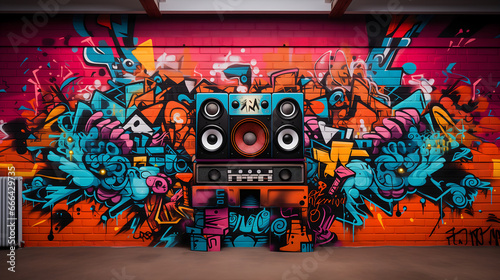 80s inspired spray paint mural  of a ghetto blaster boombox on brick wall