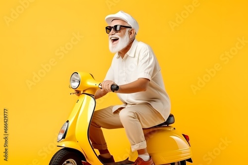 happy mature man riding scooter on yellow color background. © Pacharee