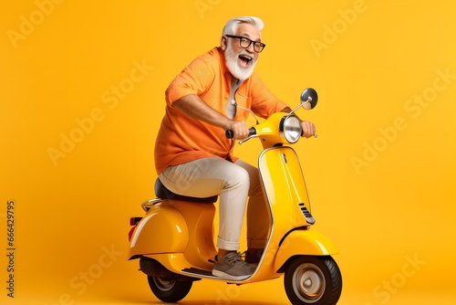 happy mature man riding scooter on yellow color background. © Pacharee