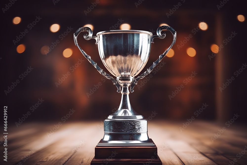 Silver trophy on wooden table with abstract shiny lights background.