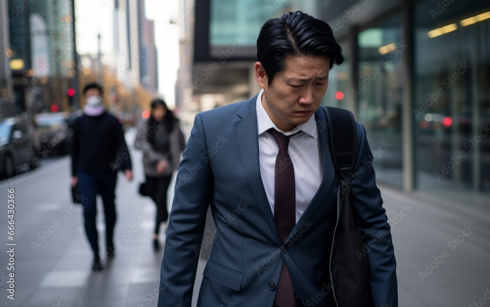 Tired business man suffering from work, feeling stressed and hopeless while walking on the street. Tired business man suffering from work, feeling stressed and hopeless while walking on the street.