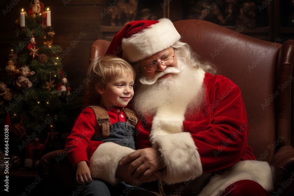 Obraz premium Winter holidays concept. Happy fabulous childhood. A little boy sits on Santa's lap and makes a wish in a cozy Christmas home interior. A joyful child. Generative AI.