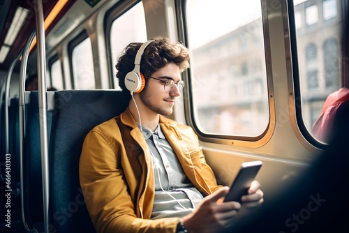 Young man passenger with smart phone and headphones on train.