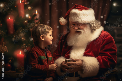 Winter holidays concept. Happy fabulous childhood. A little boy is staying next to Santa Claus and making a wish in a cozy Christmas home interior. A joyful child. Generative AI.