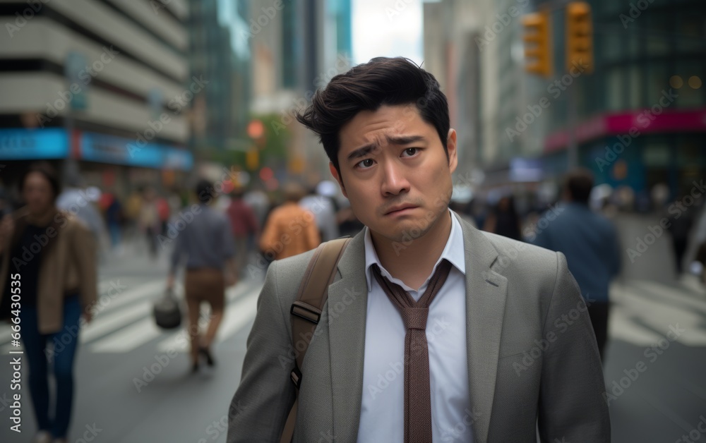Tired business man suffering from work, feeling stressed and hopeless while walking on the street. Tired business man suffering from work, feeling stressed and hopeless while walking on the street.