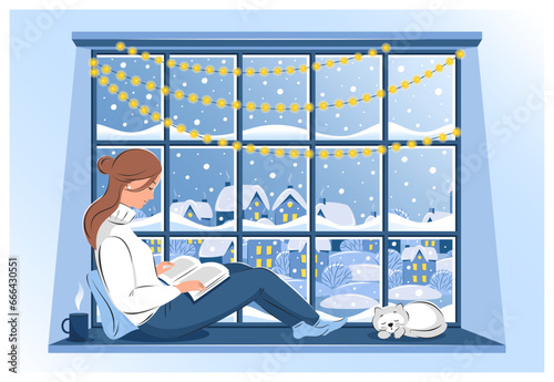 Woman reading book and sitting at the winter window. Cozy winter vector illustration
