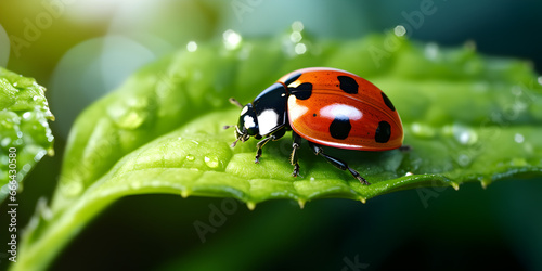 A ladybug sits on a leaf with water droplets on it. Ladybug on a beautiful green background with plants and water drops generative ai © Muhammad