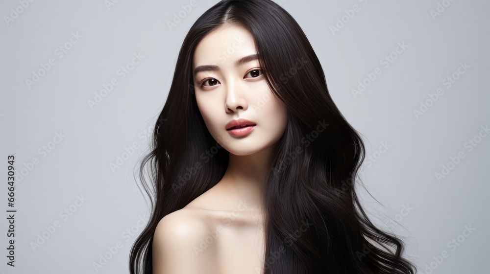 Portrait of Korean woman with long wavy black hair. Hair care, make-up and hair health Portrait of Korean woman with long wavy black hair. Hair care, make-up and hair health