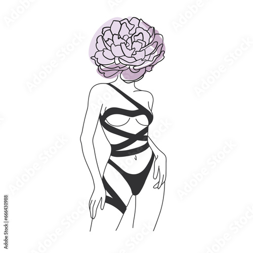 Woman pink flowers one line continuous drawing illustration. Peony of a woman's head. Wedding vector illustration