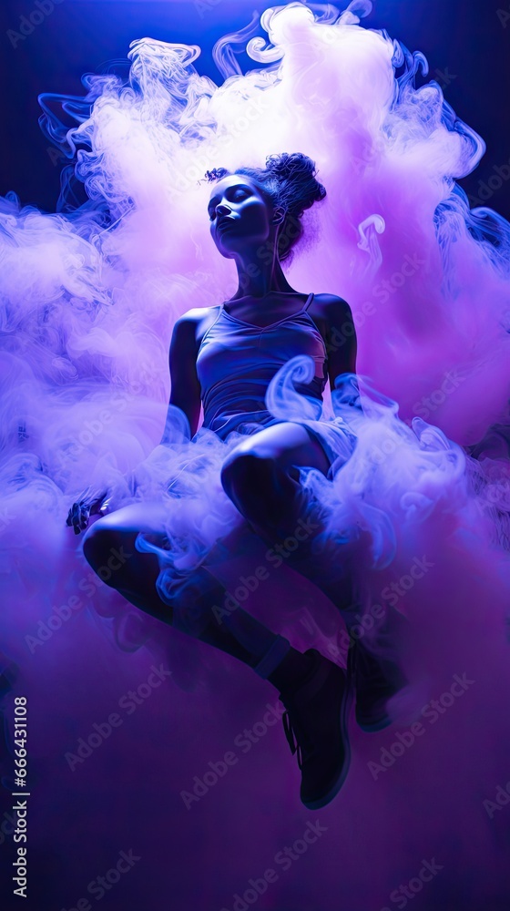 Futuristic model in a floating pose, surrounded by cosmic violet and indigo smoke