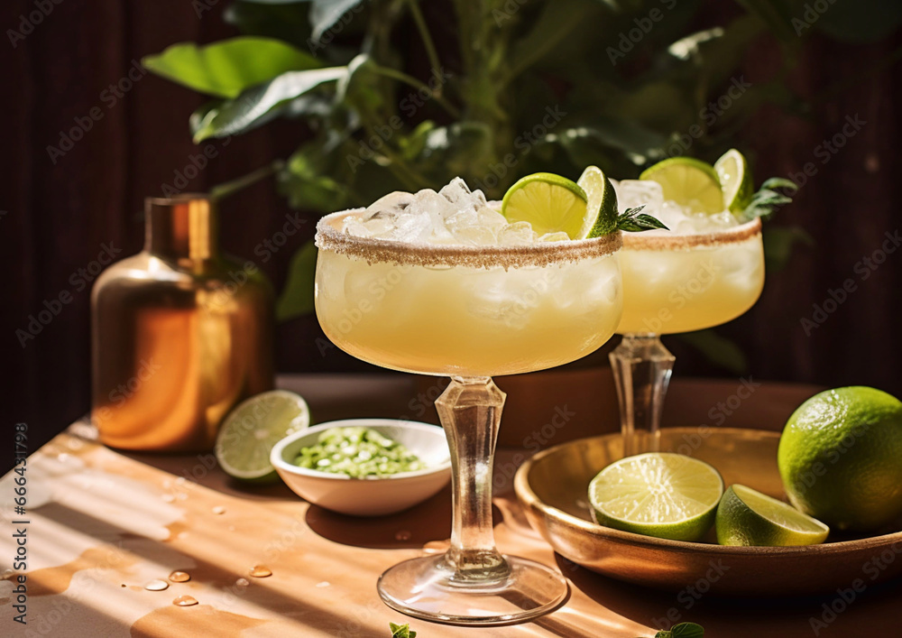 Margarita cocktail with tequila and juice with ripe limes on table in mexican summer bar.Macro.AI Generative. Margarita cocktail with tequila and juice with ripe limes on table in mexican summer bar.Macro.AI Generative.