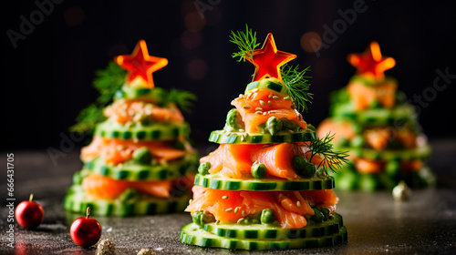 Fotografia Christmas tree appetizer made from cucumber and red fish