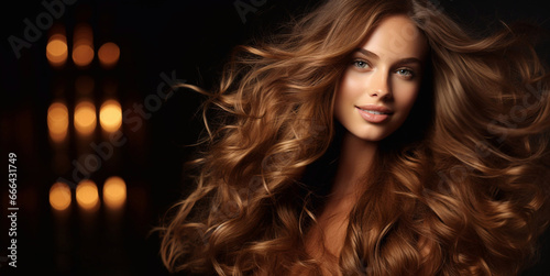 Beautiful woman with shiny silky wavy long brown hair on dark backround.Macro.AI Generative photo