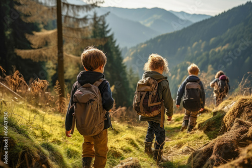 Children go on a memorable nature hike during their camping adventure, surrounded by the beauty of the great outdoor