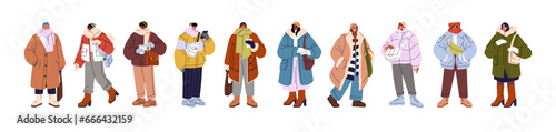 People wrap in winter clothes set. Persons wearing warm outfit in cold weather outdoor: hat, scarf, furry coat, mittens. Wintertime fashion. Flat isolated vector illustration on white background