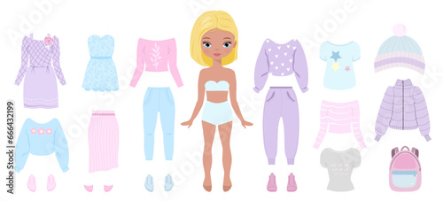 Paper doll clothes, Cute girl with clothes. Clothes set, collection. Vector illustration. Doll for children play. Cutouts. Fashion girl with jeans, skirt, dresses, coat, jacket, t shirt, hoodie
 photo