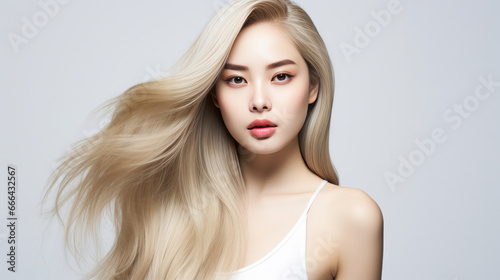 Portrait of Korean woman with long wavy blonde hair. Hair care, make-up and hair health