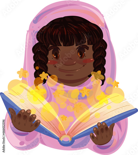 girl with a lot of imagination reads a book