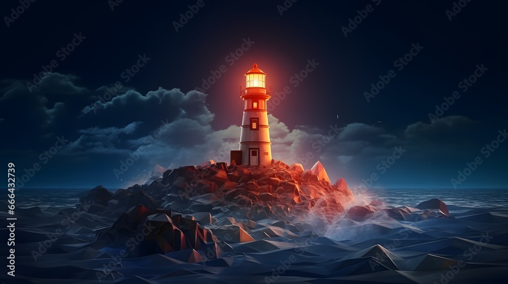 Guide, inspiring innovation and leadership concept with lighthouse on rocky shore