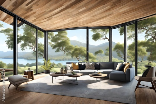 captivating vector illustration of a living room that seamlessly integrates with a breathtaking nature view. © Elegant Design & Art