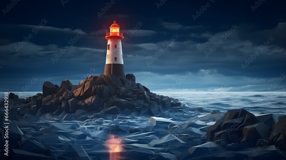 Guide, inspiring innovation and leadership concept with lighthouse on rocky shore