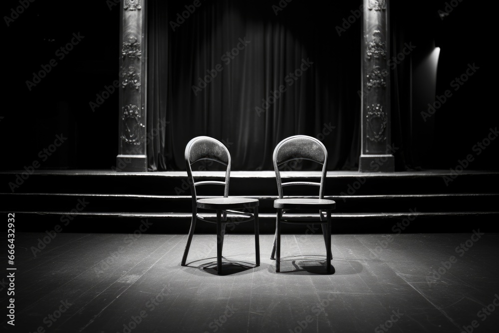 monochrome image of a theatre stage with an empty chair - obrazy, fototapety, plakaty 