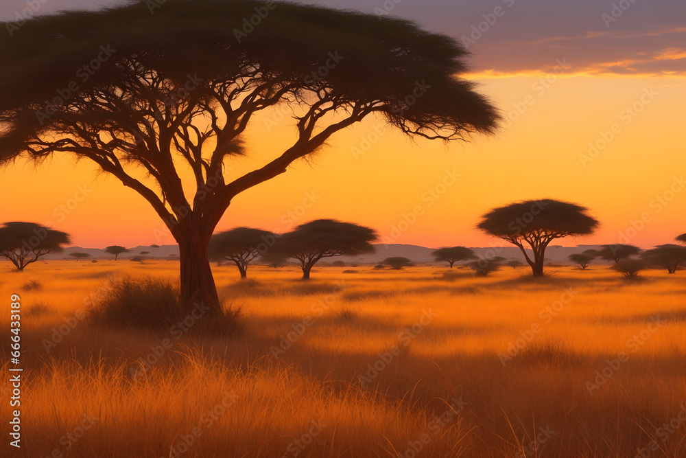 the backdrop of the painting  with golden grasses, acacia trees, and a warm, dusky sky to set the mood