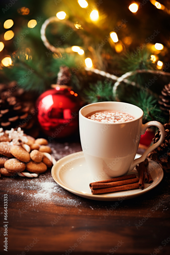 A cup of hot drink on a Christmas background. Generative AI, A cup of hot drink on a Christmas background. Generative AI,