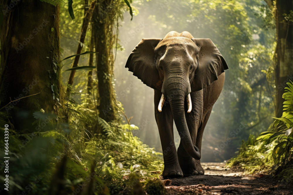Fototapeta premium Elephant going on the trail in the rainforest
