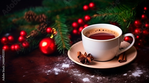 A cup of hot drink on a Christmas background. Generative AI,