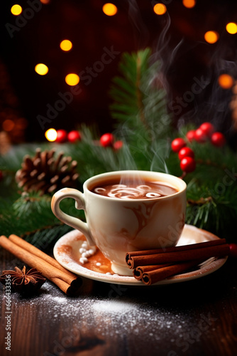 A cup of hot drink on a Christmas background. Generative AI,