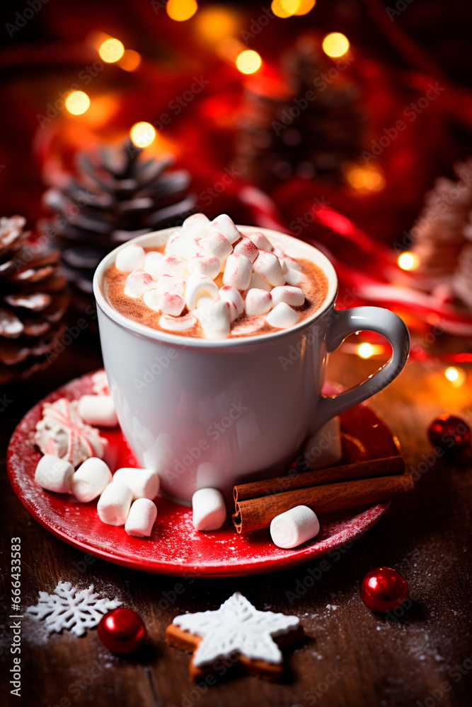 Christmas cup of cocoa with marshmallows. Generative AI, Christmas cup of cocoa with marshmallows. Generative AI,