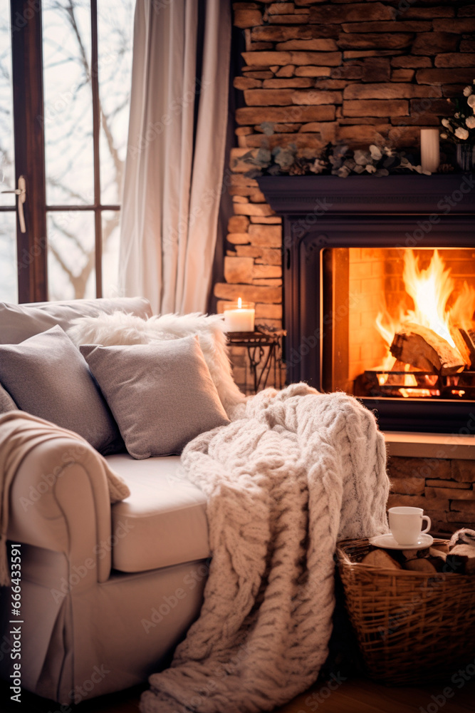 Cozy room with fireplace and sofa on a winter day. Generative AI,