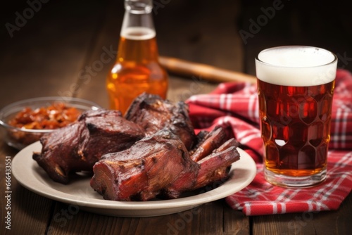 bottle of amber ale with cap off next to a plate of smoked ribs